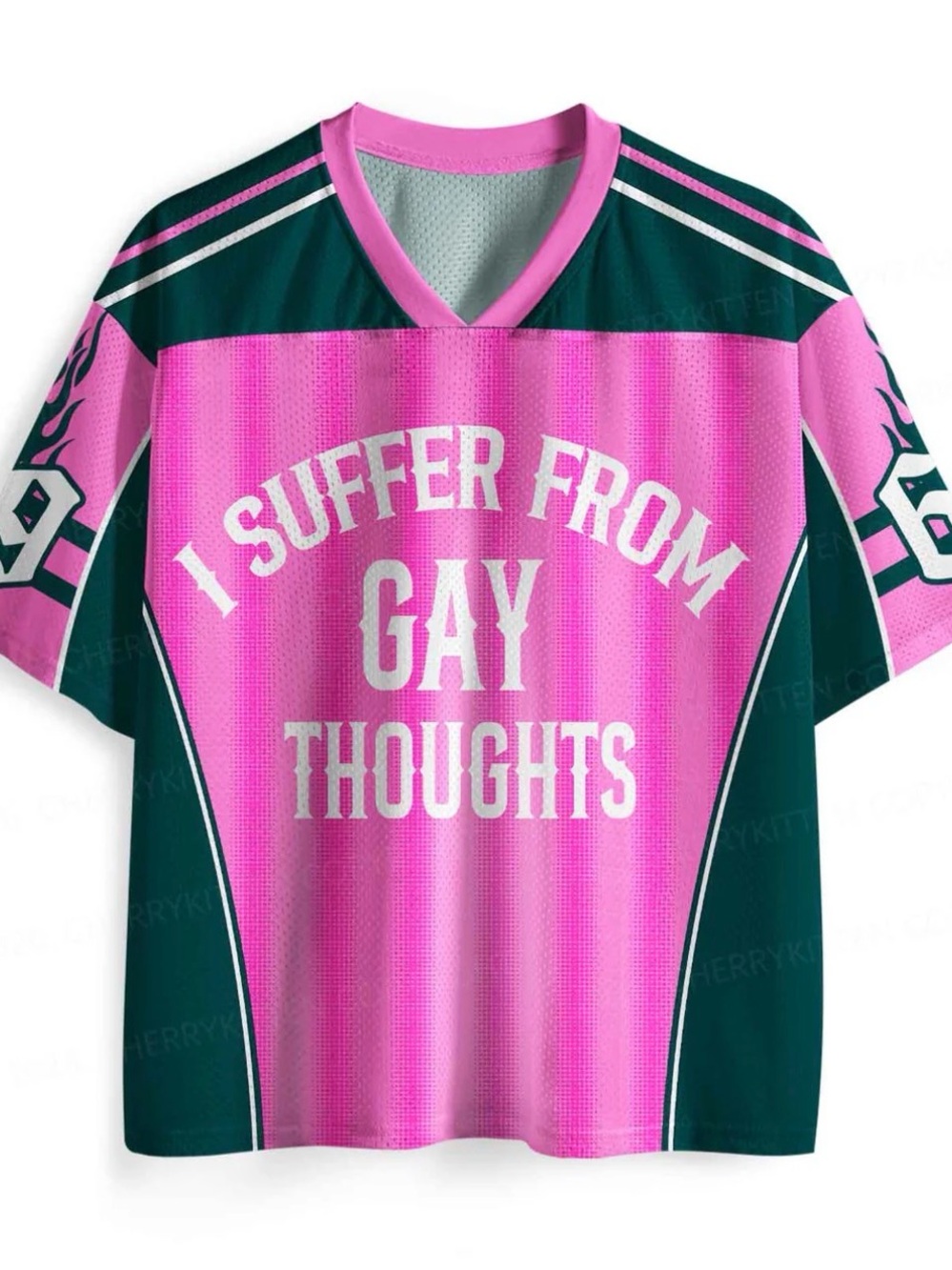 Y2K Pink & Dark Green Graphic V‑Neck Jersey – I Suffer From Gay Thoughts